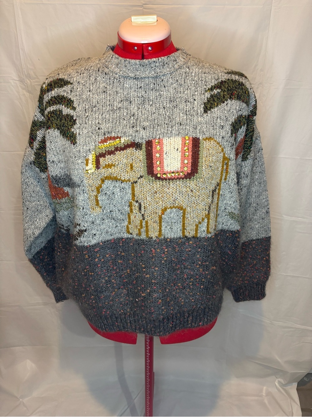 Vintage Together! Elephant Palm Tree Knit Wool Blend Sweater Grey Speckled M
